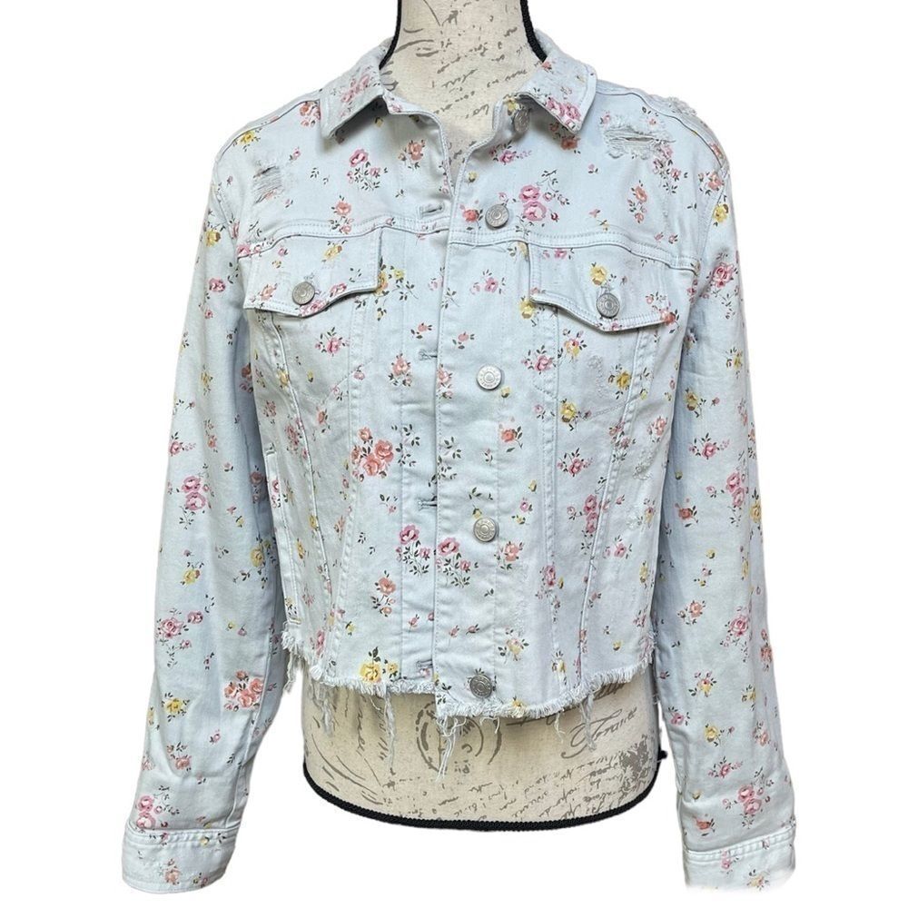 Distressed Floral Denim Jacket by EXPRESS - Raw Hem, Size M